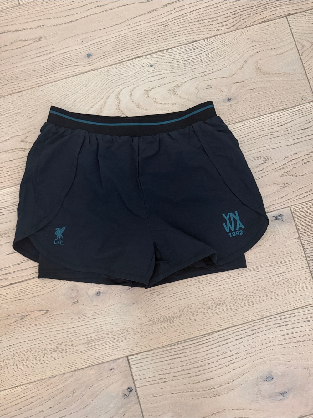 Liverpool FC Black Athletic Shorts with Teal Accents Size 6